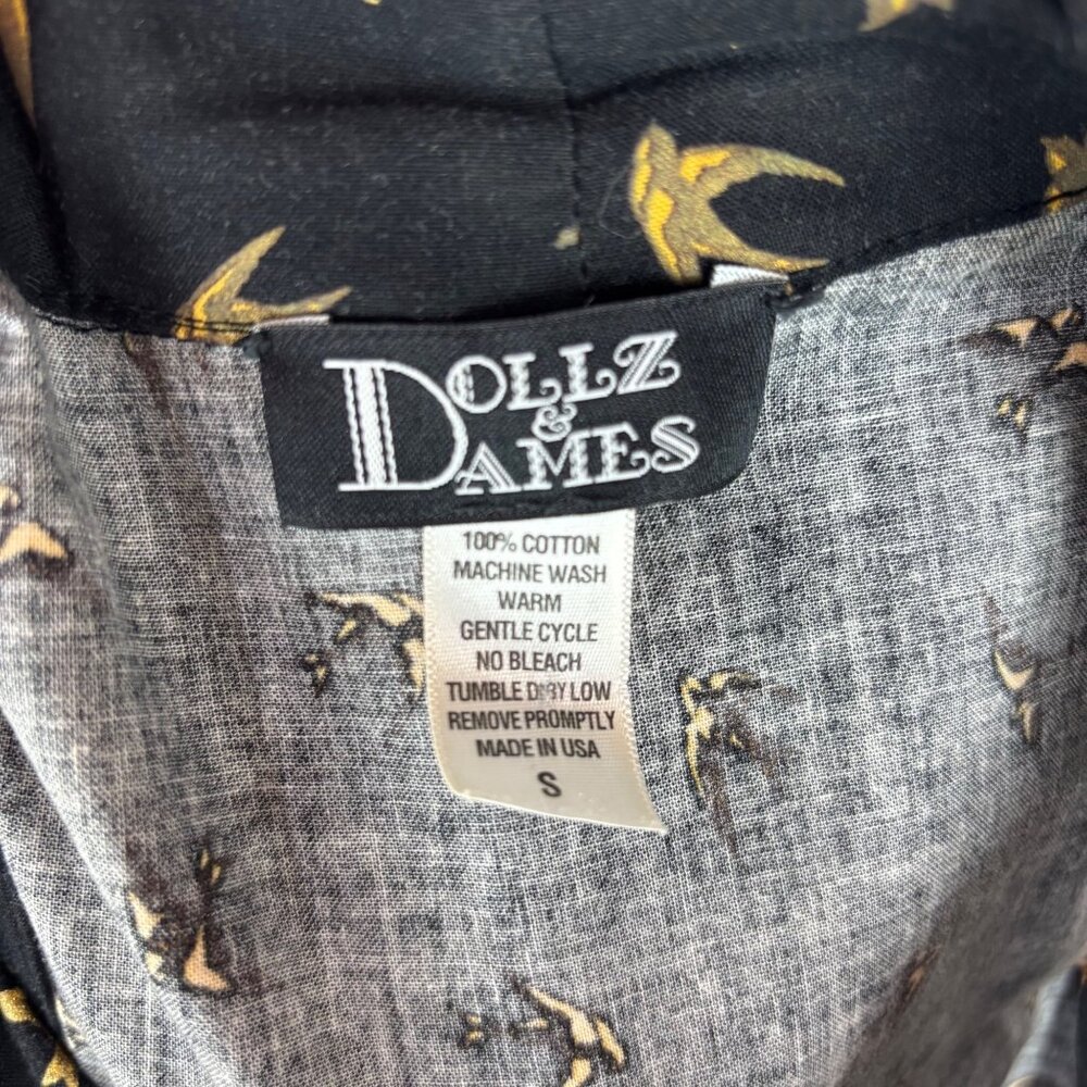 Dollz & Dames Halter Dress Small Gold Sparrow Bird Print Black Pin Up Sundress - Picture 9 of 15